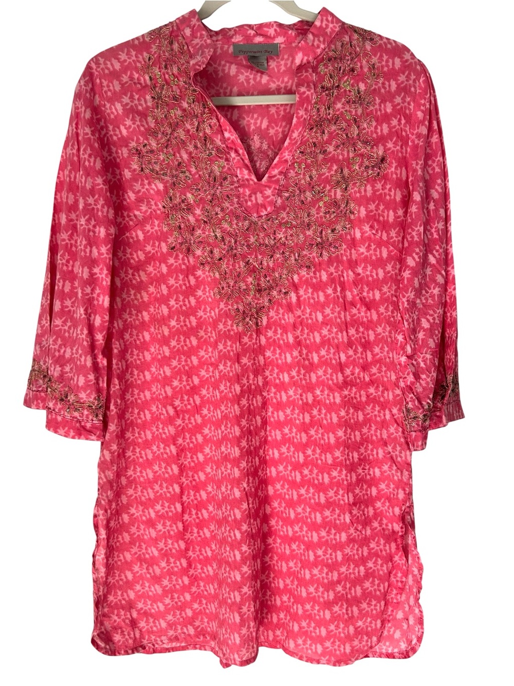Peppermint Bay Light Cotton Watermelon Pink Embroidered Beaded Coverup Tunic M